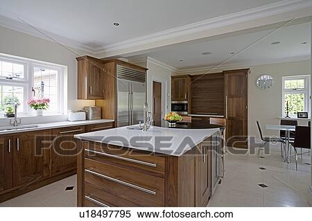 Stock afbeelding witte, graniet, worktop, op, eiland, eenheid ...