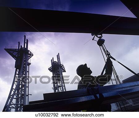 影像 - 建设工人, 卸货, 钢, 大梁, 上, a, rooftop. u