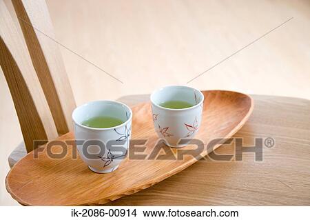 Picture - Cups of Japanese Tea in Tray. Fotosearch