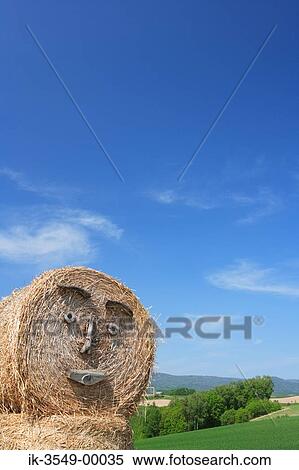 Decorated hay bale against blue sky View Large Photo Image Stock Photography - Decorated hay bale against blue sky. Fotosearch