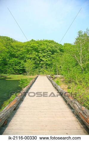 Stock Image - Empty Sidewalk Near the Tsutanuma Pond Lake in Japan. Fotosearch