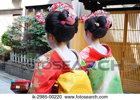 Geisha In Kimono With Stylish Hairstyle In Kyoto Japan Stock