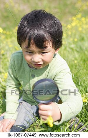 Japanese boy looking at flowers with magnifying glass View Large Photo Image Stock Photo - Japanese boy looking at flowers with magnifying glass. Fotosearch