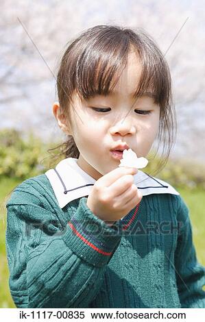 Stock Photography - Japanese girl blowing flowers. Fotosearch
