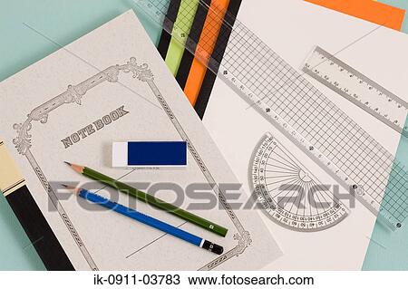 Notebooks with pencils, rubber and geometric equipments View Large Photo Image Stock Image - Notebooks with pencils, rubber and geometric equipments. Fotosearch