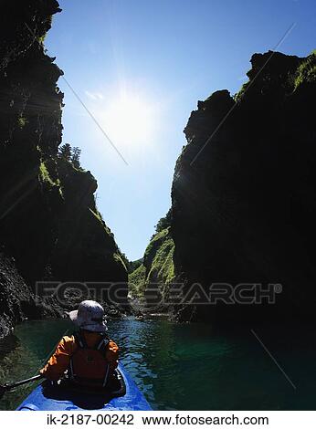 Stock Image - Person Boating on Kayak, Hokkaido, Japan . Fotosearch