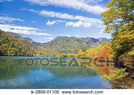Stock Image - Scenic View of Mountain and Lake, Tochigi Prefecture, Japan. Fotosearch