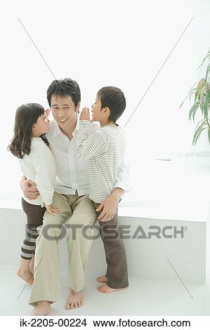 Son and daughter whispering in their father ears View Large Photo Image Picture - Son and daughter whispering in their father ears. Fotosearch