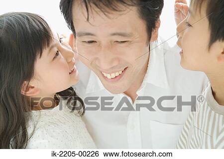 Stock Photograph - Son and daughter whispering in their father ears. Fotosearch