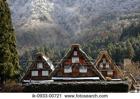 Stock Image - Straw Triangular Roof in Shirakawa Village, Japan. Fotosearch