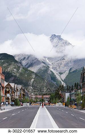 Stock Photo - Street Scene with Mountain in Banff, Alberta, Canada. Fotosearch