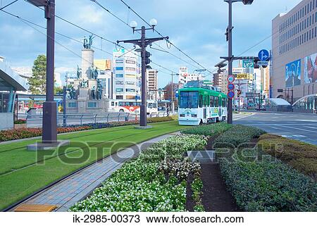 Stock Image - Streetcar on Tramway at Kyushu, Kagoshima Prefecture, Japan. Fotosearch