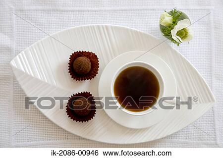 Stock Photograph - Truffle Chocolate and Coffee Cup on Tray. Fotosearch