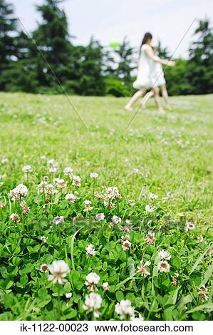 Stock Image - Two women walking in park and flowers in foreground. Fotosearch