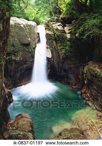 Stock Photo - Water falling from mossy rocks . Fotosearch
