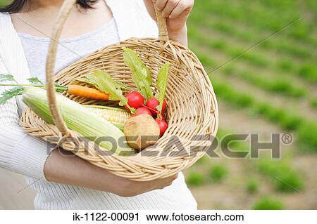 Woman holding vegetables basket View Large Photo Image Stock Image - Woman holding vegetables basket. Fotosearch