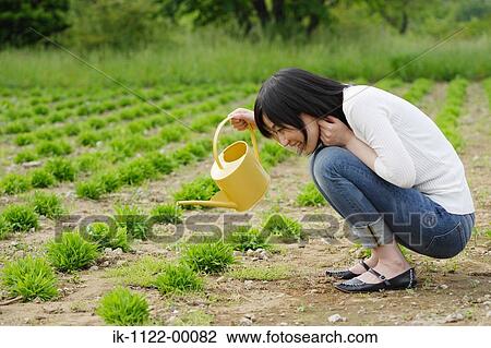 Stock Image - Young smiling woman watering plants. Fotosearch