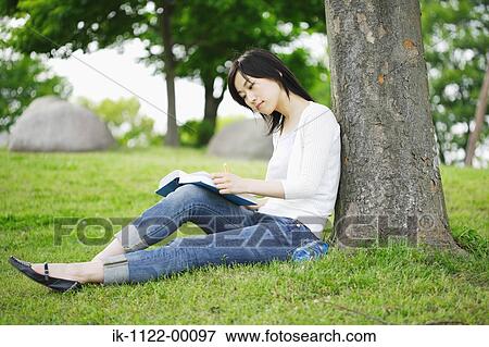 Young woman studying by tree View Large Photo Image Stock Photo - Young woman studying by tree. Fotosearch