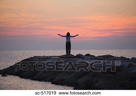 Stock Photo - Woman with Outstretched Arms to the Sea. Fotosearch