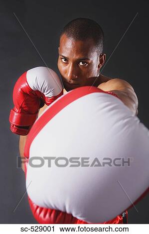 Stock Image - Young boxer with gloves in punching position. Fotosearch