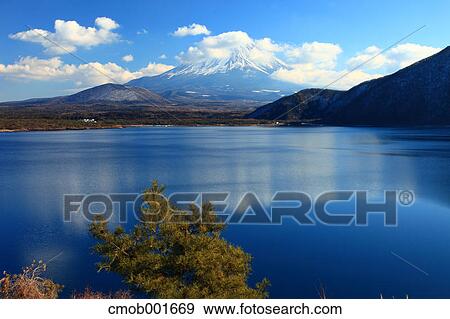 Stock Photo - Mount Fuji and Lake Motosu in Minobu city, Yamanashi Prefecture. Fotosearch
