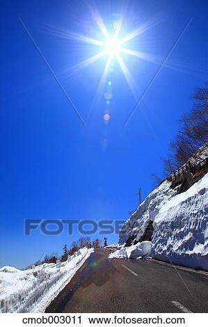 Road and snow, Nagano Prefecture View Large Photo Image Stock Image - Road and snow, Nagano Prefecture. Fotosearch