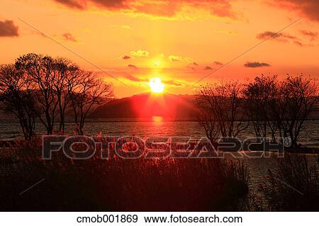 Sunset at Biwa lake, Shiga Prefecture View Large Photo Image Stock Photo - Sunset at Biwa lake, Shiga Prefecture. Fotosearch