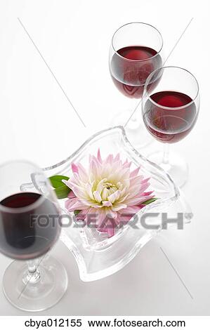 Stock Photography - Dahlia flower in a glass vessel and red wine. Fotosearch