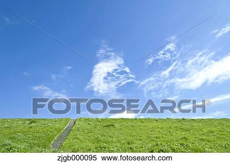 Stock Photography - Grassland and blue sky with clouds. Fotosearch