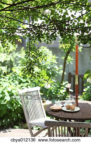 Table and chairs in a garden View Large Photo Image Stock Photograph - Table and chairs in a garden. Fotosearch