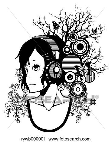 Stock Image - Asian girl with headphones. Fotosearch