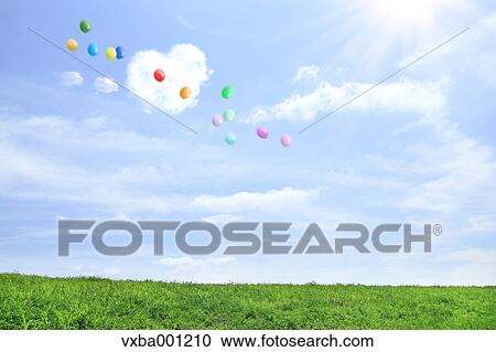 Grassland and sky with flying balloons View Large Photo Image Stock Image - Grassland and sky with flying balloons. Fotosearch