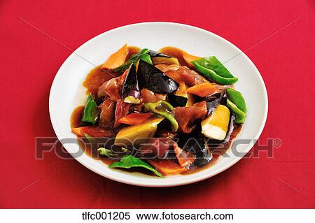 Stock Photography - Pork and eggplant cooked in soy sauce. Fotosearch