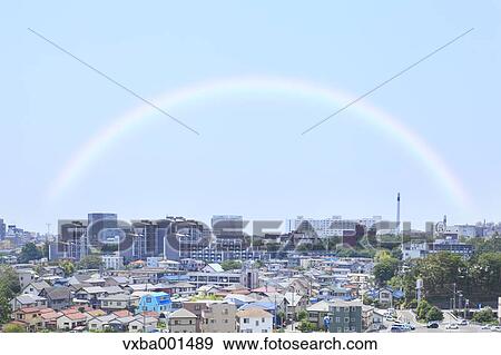 Residential area and rainbow, Shizuoka Prefecture View Large Photo Image Stock Photo - Residential area and rainbow, Shizuoka Prefecture. Fotosearch