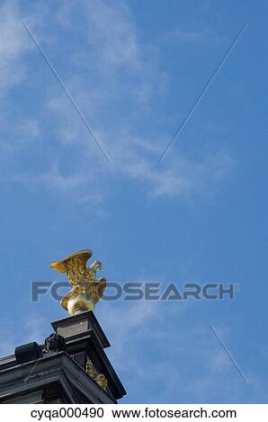 Stock Image - Golden pigeon and sky, Belgium. Fotosearch