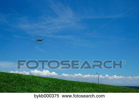 Stock Photography - Grassland and airplane flying. Fotosearch