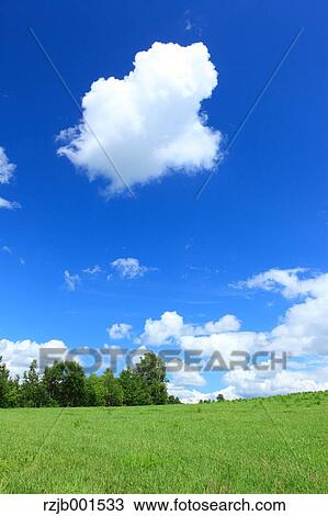Stock Image - Grassland and sky with clouds, Hokkaido. Fotosearch