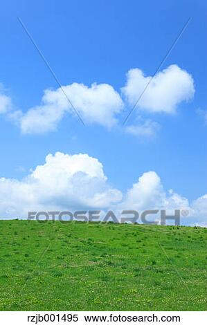 Stock Photography - Grassland and sky with clouds, Hokkaido. Fotosearch