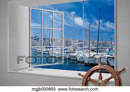 Stock Image - Marseille harbor view from white window. Fotosearch