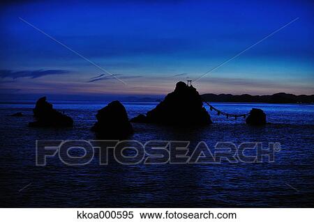 Stock Photography - Meoto Iwa at twilight, Mie Prefecture. Fotosearch