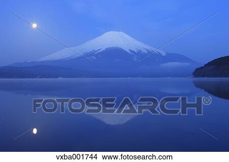 Mount Fuji and moon reflections on lake Yamanaka, Yamanashi Prefecture View Large Photo Image Picture - Mount Fuji and moon reflections on lake Yamanaka, Yamanashi Prefecture. Fotosearch