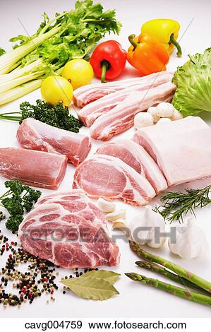 Raw pork meat and vegetables View Large Photo Image Stock Photo - Raw pork meat and vegetables. Fotosearch