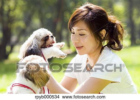 Picture - Japanese woman playing with pets in the park. Fotosearch