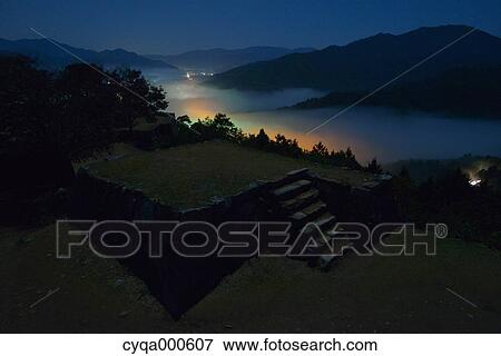Stock Photo - Takeda Castle at night. Fotosearch