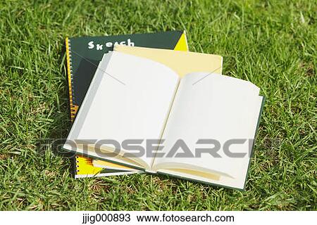 Stock Image - Book and notebooks on grass. Fotosearch