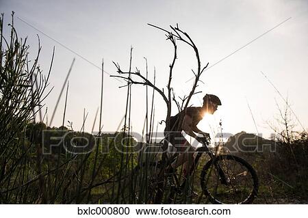Stock Image - Man riding mountain bike in nature in the Bologna countryside, Italy. Fotosearch