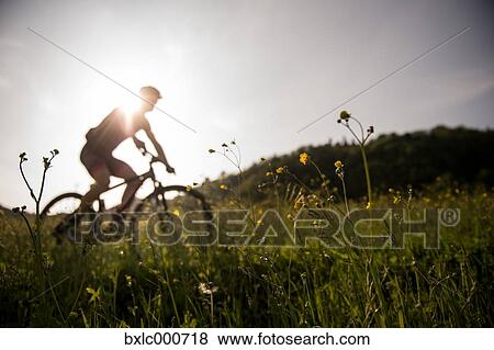 Stock Photo - Man riding mountain bike in nature in the Bologna countryside, Italy. Fotosearch