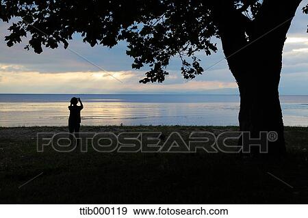 Woman silhouette by a lake View Large Photo Image Stock Photo - Woman silhouette by a lake. Fotosearch