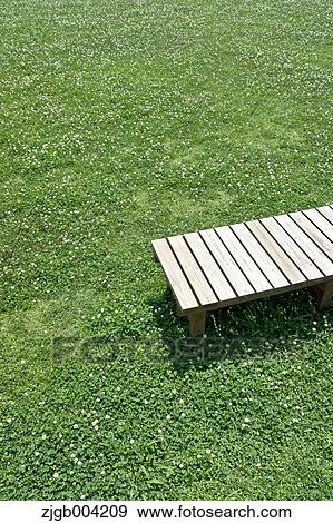 Wooden bench on lawn View Large Photo Image Stock Photo - Wooden bench on lawn. Fotosearch