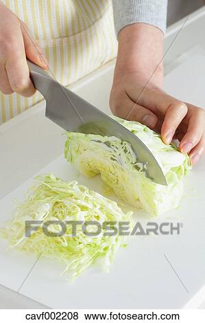 Stock Photo - Close up of woman's hands cutting cabbage with a kitchen knife. Fotosearch
